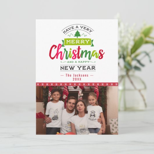 Cartes Pour Fêtes Annuelles Joyeux Noël Photo Snowflake Ribbon Typographie (Debout devant)