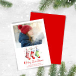 Cartes Pour Fêtes Annuelles Joyeux Noël Photo Watercolor Stockings<br><div class="desc">Ce design présente un joli carte photo de Noël,  avec des bas d'aquarelle,  un modèle photo,  avec un style vintage mignon,  un minimaliste simple,  et un élégant script de brosse,  avec un style tendance,  rouge et vert élégant,  un amusant coloré,  carte photo de vacances.</div>
