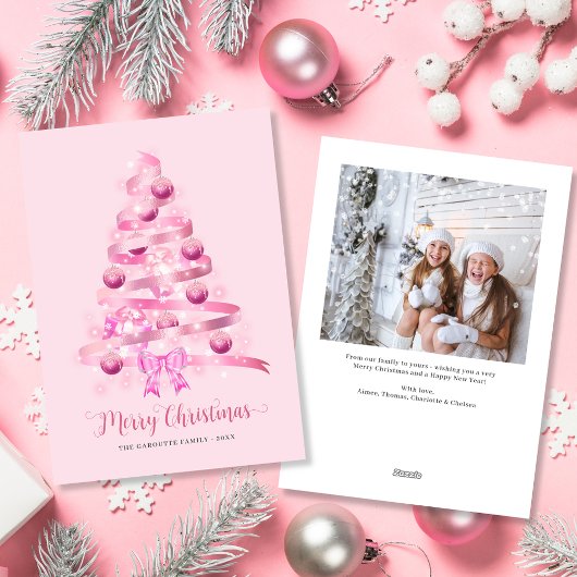 Cartes Pour Fêtes Annuelles Joyeux Noël Pink Ruban Tree photo