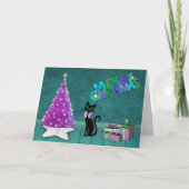Cartes Pour Fêtes Annuelles Joyeux Noël Pink Tree Cat présente sur Turquoise (Devant)