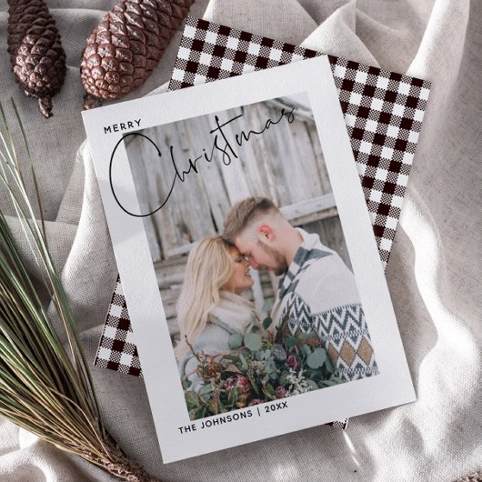 Cartes Pour Fêtes Annuelles Joyeux Noël Plaid noir & blanc photo Script