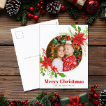 Cartes Pour Fêtes Annuelles Joyeux Noël Poinsettia Festive Famille Photo<br><div class="desc">Une belle floraison de poinsettia rouge à feuilles saintes entoure votre photo de famille festive carré au-dessus de Joyeux Noël. Des enfants lumineux et gais photographient des cartes postales de vacances avec de jolies fleurs et des feuilles.</div>