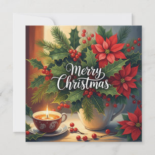 Cartes Pour Fêtes Annuelles Joyeux Noël Poinsettia Rouge, Baie de Houx
