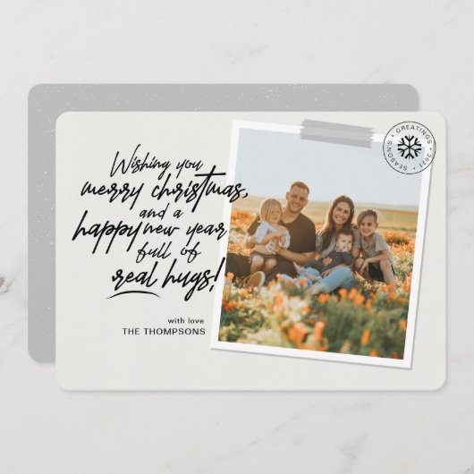 Cartes Pour Fêtes Annuelles Joyeux Noël Real Hugs Script Gris Photo (Devant / Derrière)