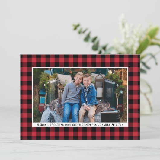 Cartes Pour Fêtes Annuelles Joyeux Noël Red Buffalo Plaid Photo (Debout devant)