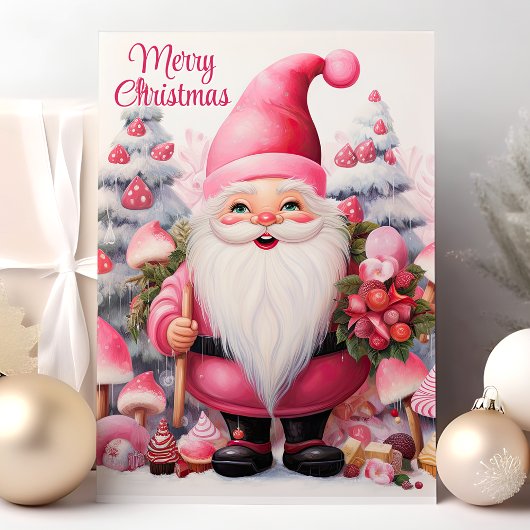 Cartes Pour Fêtes Annuelles Joyeux Noël rose Gnome Whimsical
