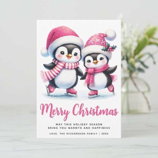 Cartes Pour Fêtes Annuelles Joyeux Noël rose mignon patinage sur glace pingoui (Debout devant)