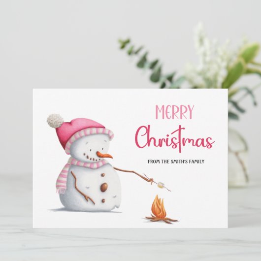 Cartes Pour Fêtes Annuelles Joyeux Noël rose mignon Snowman Marshmallows (Debout devant)