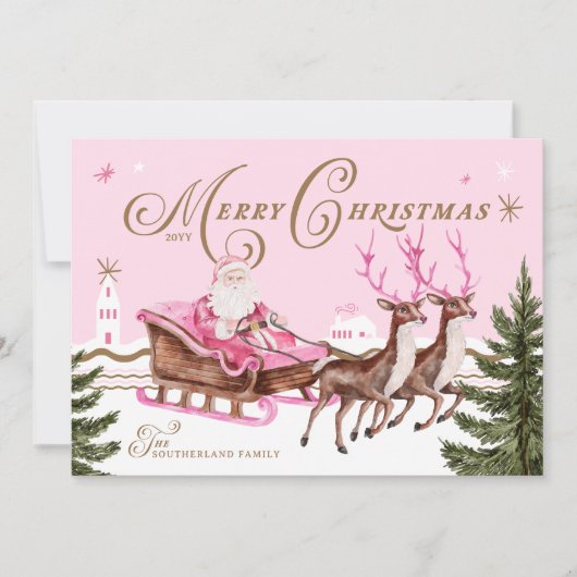 Cartes Pour Fêtes Annuelles Joyeux Noël rose Père Noël Seligh Reindee Photo (Devant)