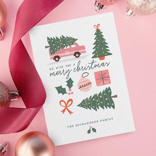 Cartes Pour Fêtes Annuelles Joyeux Noël rose Retro Van Christmas Tree