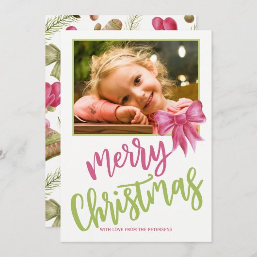Cartes Pour Fêtes Annuelles Joyeux Noël rose vert script photo (Devant / Derrière)
