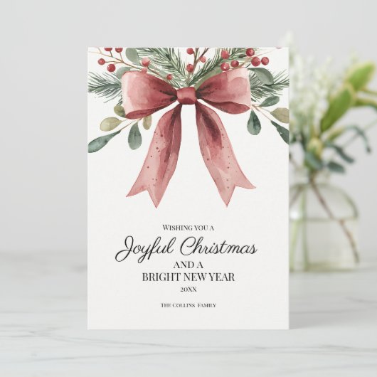 Cartes Pour Fêtes Annuelles Joyeux Noël Rouge Elégant Aquarelle Bow (Debout devant)
