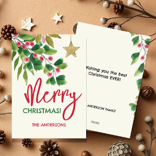 Cartes Pour Fêtes Annuelles Joyeux Noël Rouge et Vert Watercolor Branches