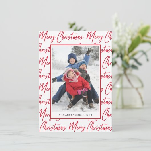 Cartes Pour Fêtes Annuelles Joyeux Noël Rouge Main Lettré Script Photo (Debout devant)