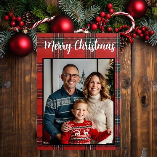 Cartes Pour Fêtes Annuelles joyeux Noël rouge plaid photo de famille personnal