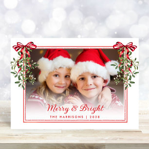 Cartes Pour Fêtes Annuelles Joyeux Noël Rouge Rubans de Verdure Photo Noël