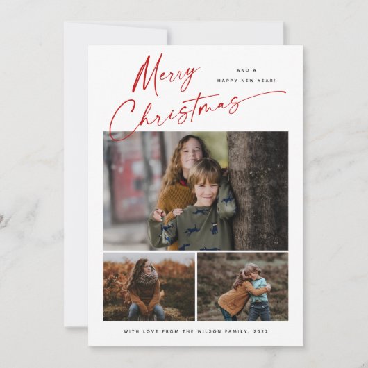 Cartes Pour Fêtes Annuelles Joyeux Noël Rouge Script 3 Photo Collage (Devant)