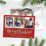 Cartes Pour Fêtes Annuelles Joyeux Noël Rouge Script photo Collage<br><div class="desc">Ce design comprend un carte photo de Noël joyeux,  avec un collage photo,  un carte photo élégant,  rouge,  aquarelle,  typographie de script,  calligraphie,  simple minimaliste,  un carte photo de vacances minimal.</div>