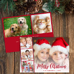 Cartes Pour Fêtes Annuelles Joyeux Noël Rouge Script photo superposition<br><div class="desc">Carte de voeux moderne avec votre photo superposée avec une bande film de trois photos carrés,  "Joyeux Noël" dans un script rouge festif et votre nom et l'année en simple typographie rouge. Ajoutez deux photos supplémentaires et personnalisez votre message à l'arrière.</div>