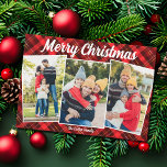 Cartes Pour Fêtes Annuelles Joyeux Noël Rouge Tartan 3 Photo<br><div class="desc">Un classique motif tartan en plaid rouge derrière votre collage photo de famille verticale de 3 vacances pour une carte à plat de Noël joyeux et festive. Cartes de Noël simples et belles.</div>