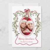 Cartes Pour Fêtes Annuelles Joyeux Noël Rouge Wavy Frame Bow Green Photo (Devant)