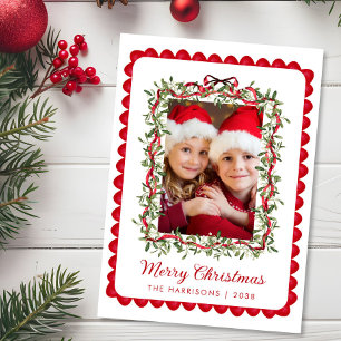 Cartes Pour Fêtes Annuelles Joyeux Noël Ruban Rouge Verdure Aquarelle Photo