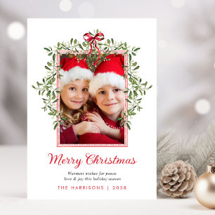 Cartes Pour Fêtes Annuelles Joyeux Noël Ruban Rouge Verdure Aquarelle Photo