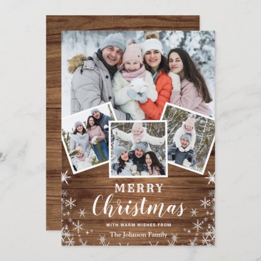 Cartes Pour Fêtes Annuelles Joyeux Noël Rustic 4 Photo Grey Code QR (Devant / Derrière)