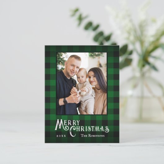 Cartes Pour Fêtes Annuelles Joyeux Noël Rustique Buffalo Vert Plaid Photo (Debout devant)