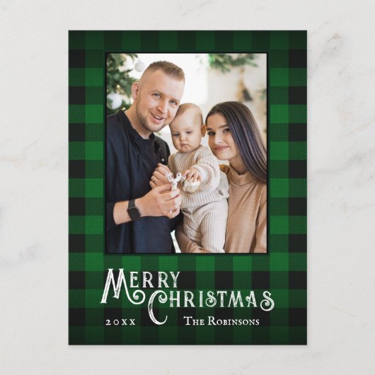 Cartes Pour Fêtes Annuelles Joyeux Noël Rustique Buffalo Vert Plaid Photo (Devant)