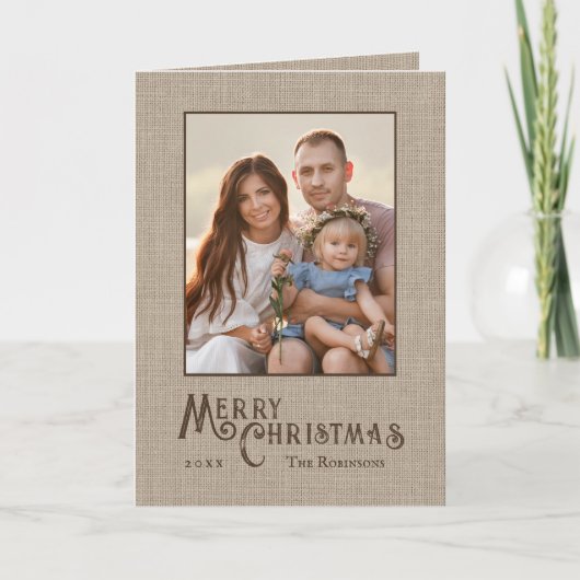 Cartes Pour Fêtes Annuelles Joyeux Noël Rustique Burlap Imprimer Photo Famille (Devant)