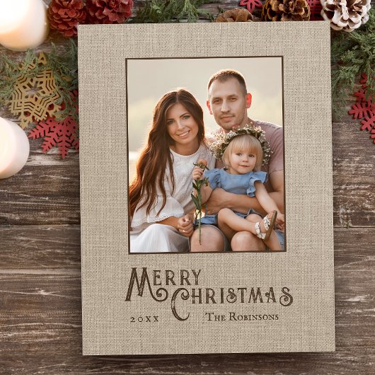 Cartes Pour Fêtes Annuelles Joyeux Noël Rustique Burlap Imprimer Photo Fête