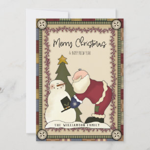 Cartes Pour Fêtes Annuelles Joyeux Noël rustique pays Père Noël et Snowman