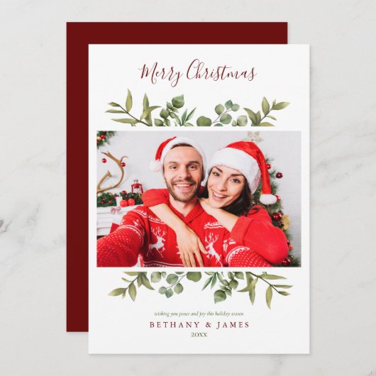 Cartes Pour Fêtes Annuelles Joyeux Noël Script de verdure Couples Photo (Devant / Derrière)