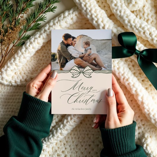 Cartes Pour Fêtes Annuelles Joyeux Noël Script Elegant Bow & Ribbon Photo