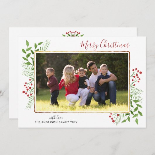 Cartes Pour Fêtes Annuelles Joyeux Noël Script Feuilles Berries Gold Photo (Devant / Derrière)