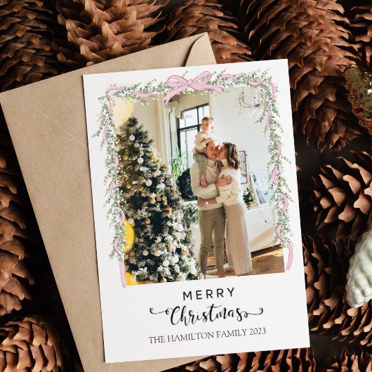 Cartes Pour Fêtes Annuelles Joyeux Noël Script Pink Bow Photo