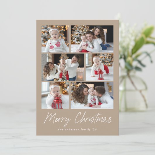 Cartes Pour Fêtes Annuelles Joyeux Noël Script Taupe 6 Photo Collage (Debout devant)