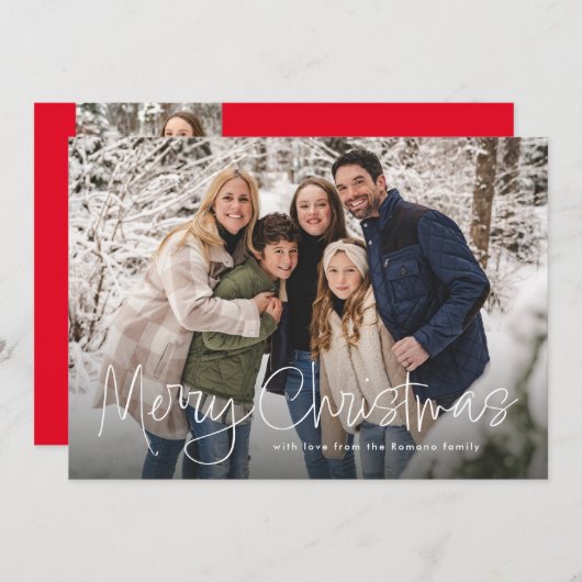 Cartes Pour Fêtes Annuelles Joyeux Noël simple script rouge quatre photo (Devant / Derrière)