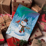 Cartes Pour Fêtes Annuelles Joyeux Noël Snowman & Birds Winter Scene<br><div class="desc">Un bonhomme de neige joyeux dans une scène hivernale avec de mignons oiseaux perchés sur ses bras.</div>
