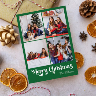 Cartes Pour Fêtes Annuelles Joyeux Noël Vert classique Quatre photos verticale