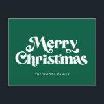 Cartes Pour Fêtes Annuelles Joyeux Noël vert du milieu du siècle rétro<br><div class="desc">Joyeuse Carte postale de Noël : un design rétro classique,  avec une typographie moderne du milieu du siècle et un arrière - plan vert classique.</div>