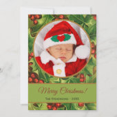 Cartes Pour Fêtes Annuelles Joyeux Noël Vert Holly Rouge Script Bébé Photo (Devant)