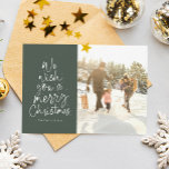 Cartes Pour Fêtes Annuelles Joyeux Noël vert photo de famille<br><div class="desc">Nous vous souhaitons un Joyeux Noël ! Ce carte photo de vacances présente un message classique dans une forme d'arbre de Noël amusant sur un arrière - plan vert. Avec une photo sur le devant et une sur le dos, c'est un excellent moyen d'envoyer la joie de Noël à des...</div>