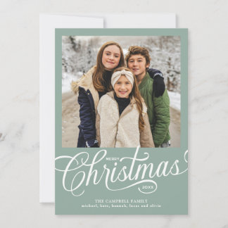 Cartes Pour Fêtes Annuelles Joyeux Noël Vert Sauge Écriture Photo de Famille
