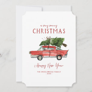 Cartes Pour Fêtes Annuelles Joyeux Noël Voiture rouge Watercolor
