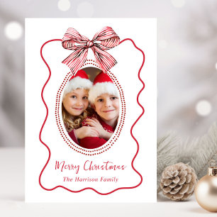 Cartes Pour Fêtes Annuelles Joyeux Noël Whimsical Red Wavy Frame Bow Photo