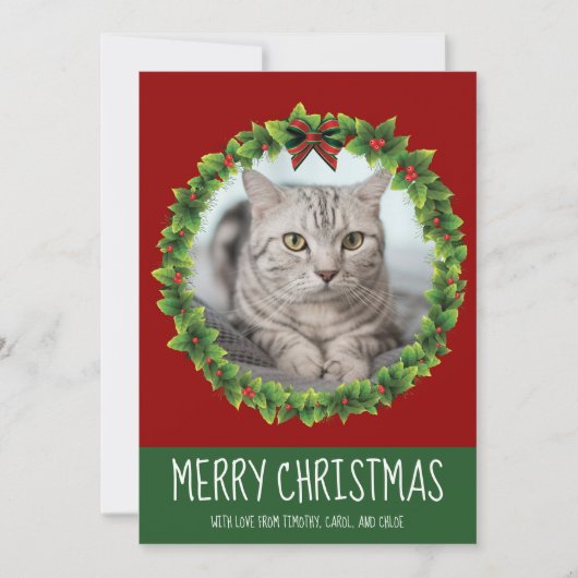 Cartes Pour Fêtes Annuelles Joyeux Noël Wreath mignonne Custom Cat Photo Rouge (Devant)