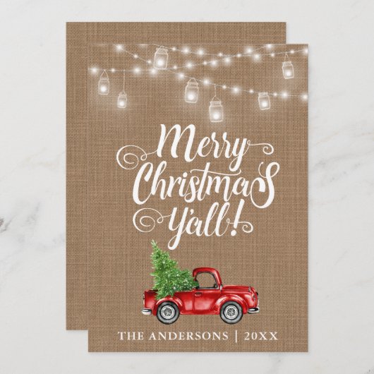 Cartes Pour Fêtes Annuelles Joyeux Noël Y'all Jar Lumières Camion Burlap (Devant / Derrière)