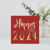 Cartes Pour Fêtes Annuelles Joyeux Nouvel An 2024 Elégant Gold Script Rouge (Debout devant)
